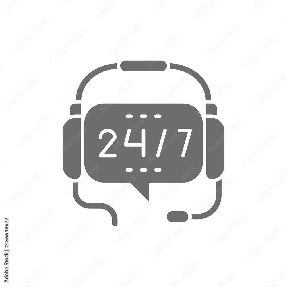Headphones with microphone, round-the-clock service, non stop support grey icon. Headphones with microphone, round-the-clock service, non stop support grey icon.