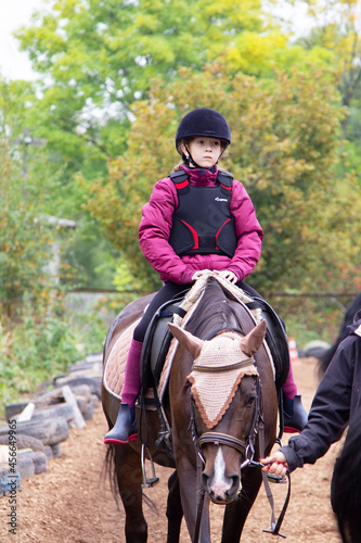 Girl with a brown horse. Hippotherapy for young children is the prevention of spinal diseases, as well as therapy after many serious diseases