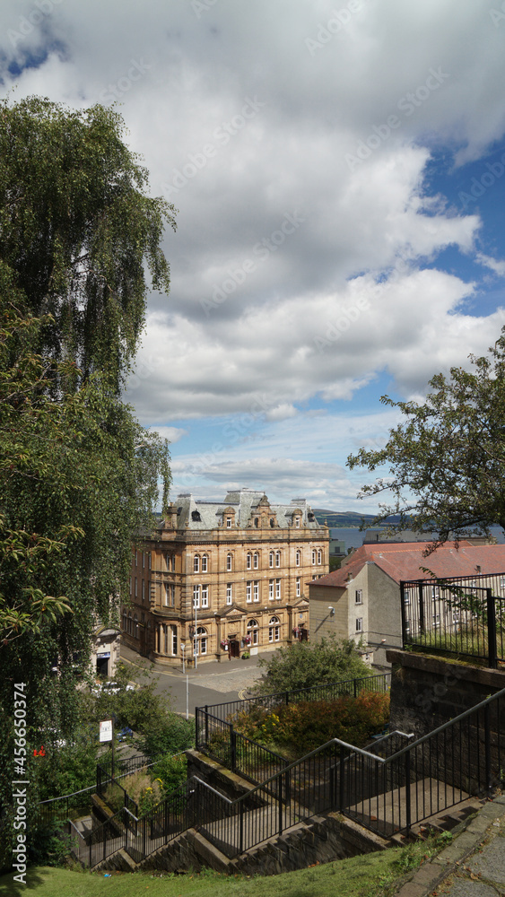 Fototapeta premium view from the hill, the James Watt bar from well park, Greenock, Scotland