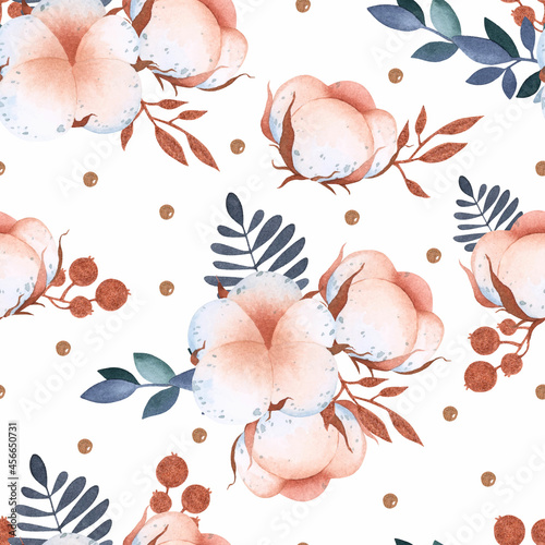 Watercolor cotton flower seamless pattern