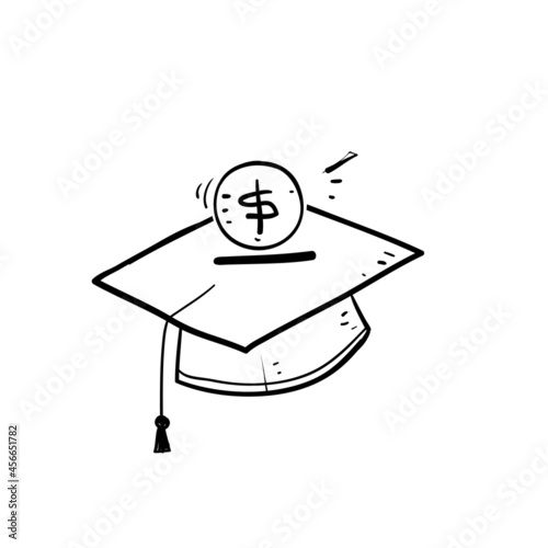 hand drawn doodle graduation hat and money illustration for tuition fee