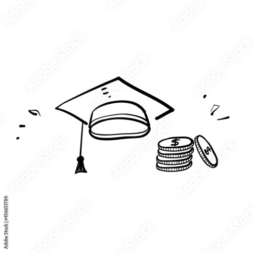hand drawn doodle graduation hat and money illustration for tuition fee