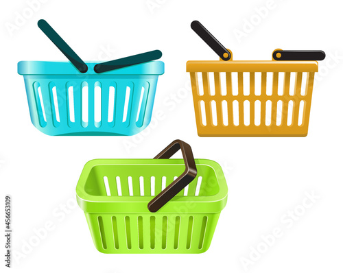 Realistic shopping basket set of 3. Vector illustration