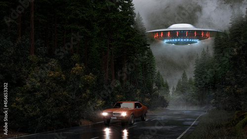 ufo with glowing blue and red light flying over a forest street on a rainy day and car escaping on a wet road to not be abducted by aliens - concept art - 3D rendering