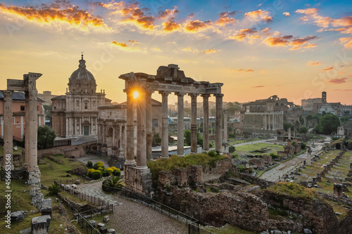 Rome Italy, sunrise city skyline at Roman Forum