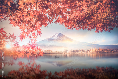 Colorful Autumn Season and Mountain Fuji with morning fog and red leaves at lake Kawaguchiko is one of the best places in Japan © Travel mania