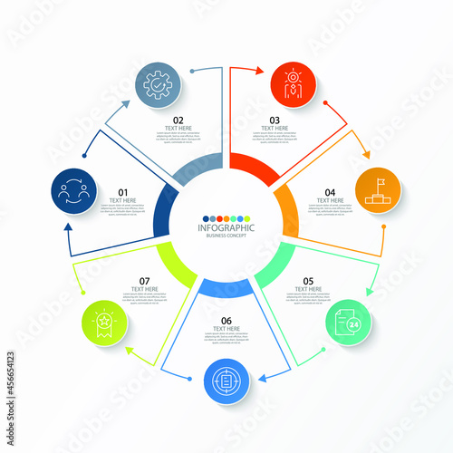 Basic circle infographic template with 7 steps, process or options, process chart, Used for process diagram, presentations, workflow layout, flow chart, infograph. Vector eps10 illustration.