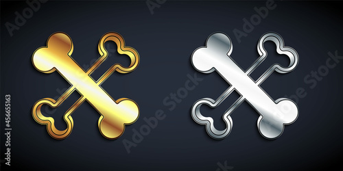 Gold and silver Crossed bones icon isolated on black background. Pets food symbol. Happy Halloween party. Long shadow style. Vector