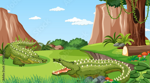 Crocodile in forest at daytime scene with many trees