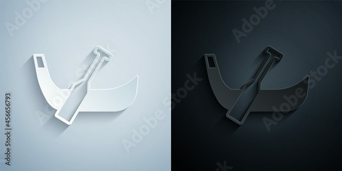 Paper cut Gondola boat italy venice icon isolated on grey and black background. Tourism rowing transport romantic. Paper art style. Vector