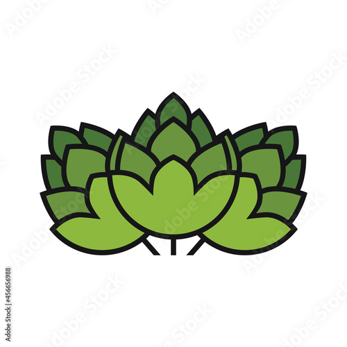 The hop trio icon. Hops is a genus of flowering plants in the Hemp family. The green, cone-shaped flower of the female hop plant is used in brewing to make beer. Vector illustration isolated.