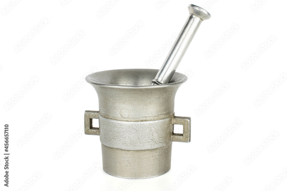 Aluminum mortar with pestle isolated on white background Aluminum mortar with pestle isolated on white background