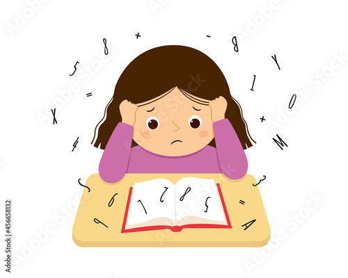 Child suffering with dyslexia and dyscalculia is having difficulty in reading a book. Stressed girl doing hard homework. Dyslexia disorder concept. Vector illustration isolated on white background.