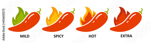 Spice level marks - mild, spicy, hot and extra. Green and red chili pepper. Symbol of pepper with fire. Chili level icons set. Vector illustration isolated on white background.