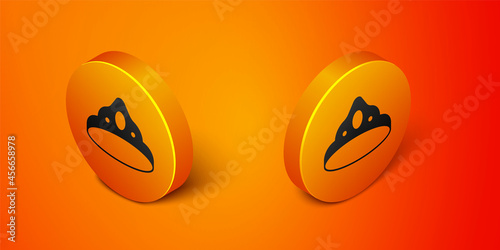 Isometric King crown icon isolated on orange background. Orange circle button. Vector © Kostiantyn