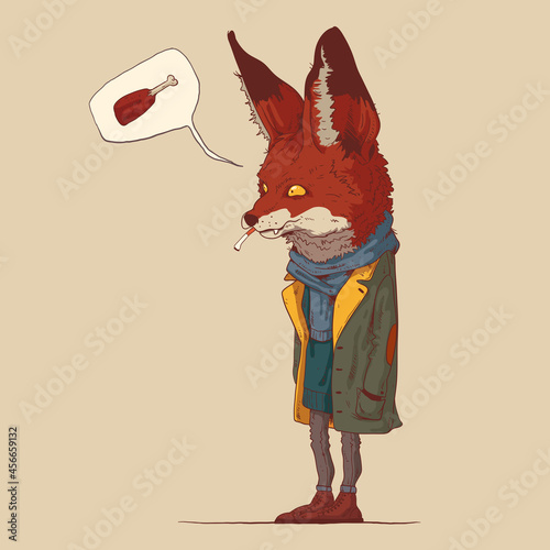 Smocking hipster fox, vector illustration. Furry character. Calm anthropomorphic fox, smoking a cigarette and thinking about a chicken leg. Animal character with human body