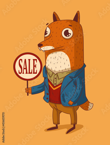 A fox in suit with a Sale sign