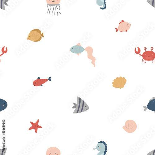 Seamless marine pattern. Cute fish, starfish, shells, jellyfish, crab, seahorse. Vector illustration