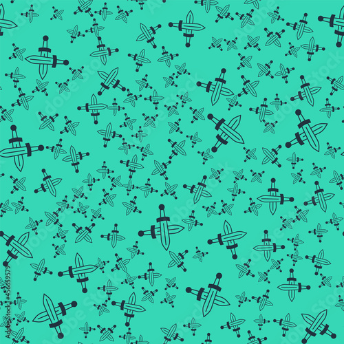 Black Crossed medieval sword icon isolated seamless pattern on green background. Medieval weapon. Vector