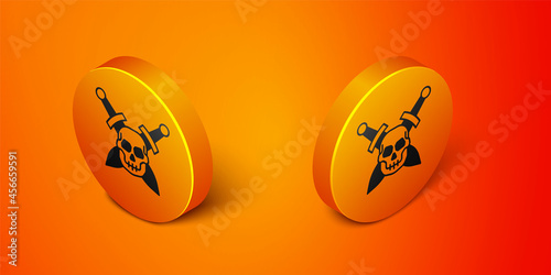 Isometric Crossed medieval sword with skull icon isolated on orange background. Medieval weapon. Orange circle button. Vector