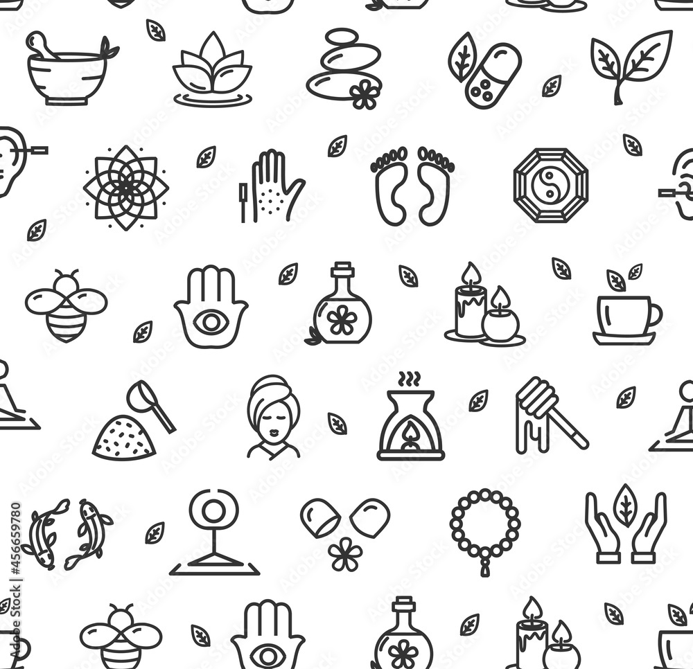 Alternative Medicine Sign Black Thin Line Sign Seamless Pattern Background. Vector Alternative Medicine Sign Black Thin Line Sign Seamless Pattern Background. Vector