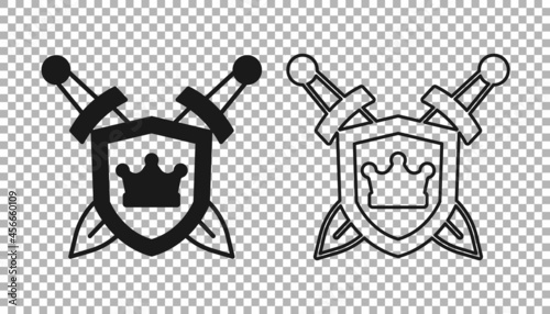 Black Medieval shield with crossed swords icon isolated on transparent background. Vector