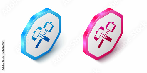Isometric Medieval crossed battle hammers icon isolated on white background. Hexagon button. Vector