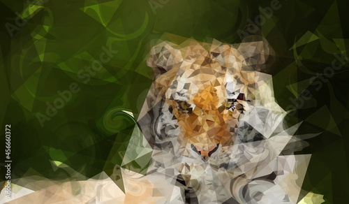 Low poly illustration of a lying tiger. Calendar design for 2022. Year of the tiger according to the eastern calendar. New Year. Orange on green. Sketch for the website  social networks and printing.