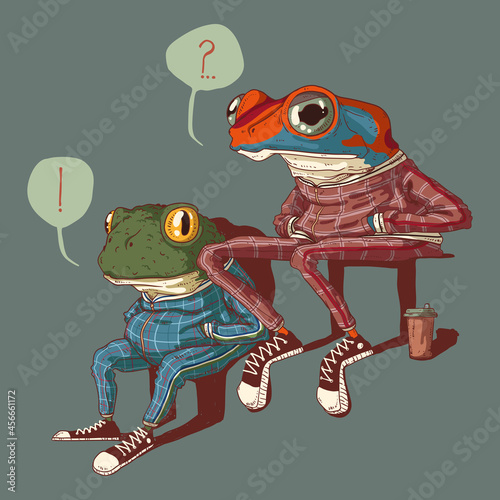 Valokuvatapetti Illustration of chat between two sitting frogs dressed in sport suits