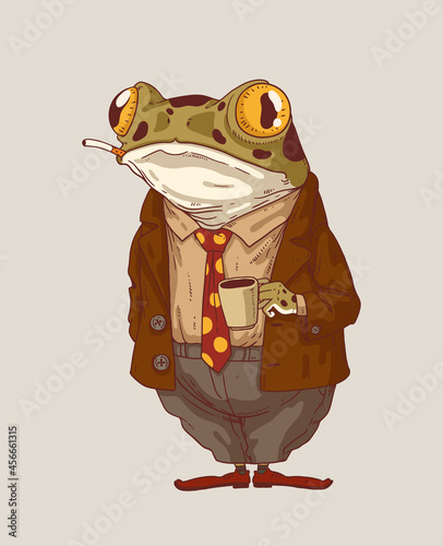 Morning coffee, vector illustration. Elegant anthropomorphic frog, standing still, smoking a cigarette and holding a mug of tea or coffee. Humanized frog. An animal character with a human body © Kyyybic