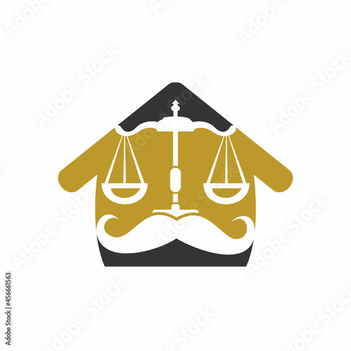 Strong law vector logo design concept. Scale and mustache with home icon vector design.