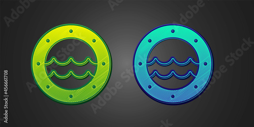 Green and blue Ship porthole with rivets and seascape outside icon isolated on black background. Vector