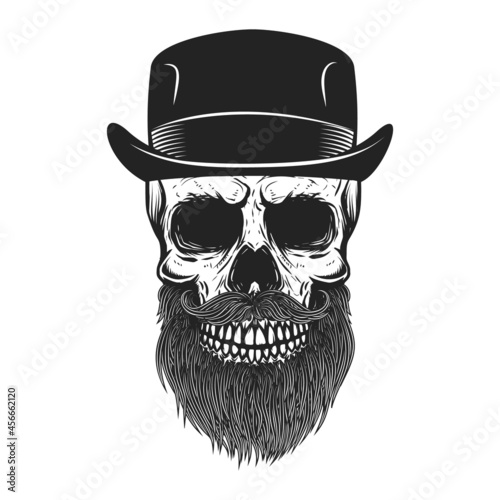 Illustration of bearded skull in gentleman hat in vintage monochrome style. Design element for logo, label, sign, emblem, poster. Vector illustration