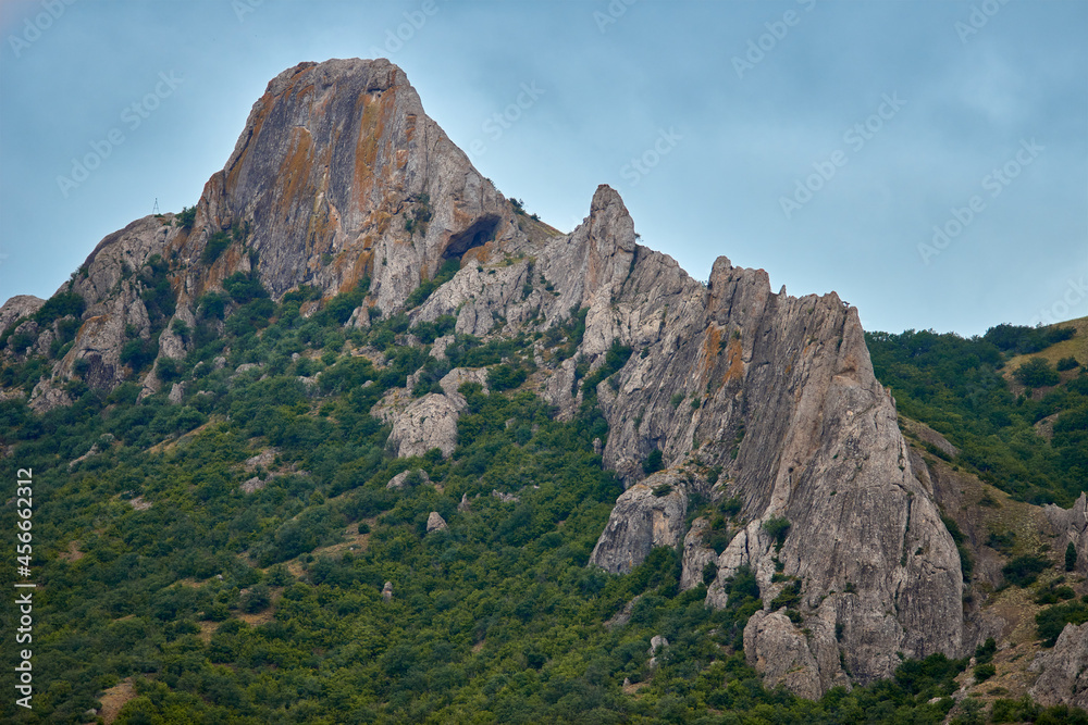 Dramatic mountain landscape. Bad weather in the mountains. Thunderclouds in the sky