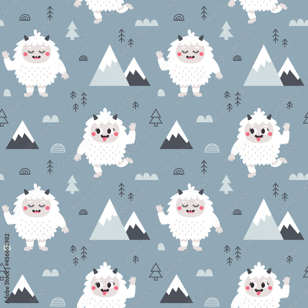 Christmas wild winter vector cute seamless pattern with Yeti characters, Bigfoot, stones, mountains, christmas tree, plants in scandinavian Boho style