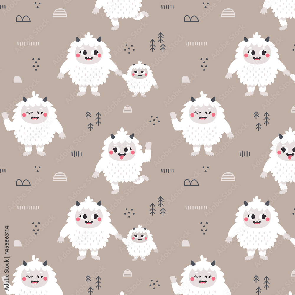 Christmas wild winter vector cute seamless pattern with Yeti characters, Baby Yeti, Bigfoot, stones, plants in scandinavian Boho style