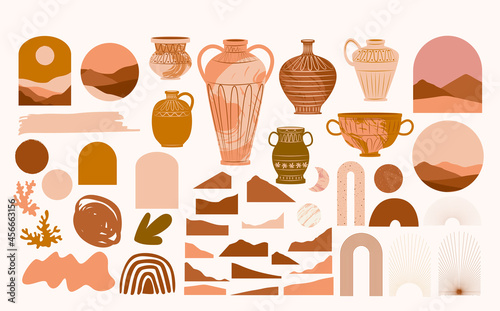 Collection of Modern Arts abstract shapes, landscape, pottery.  Aesthetic Modern Art, Boho Decor, Minimalist Art. Editable Vector illusration.