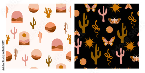 Set of two seamless pattern with Wild west elements. Aesthetic Modern Art, Boho Decor, Minimalist Art. Editable Vector illusration.