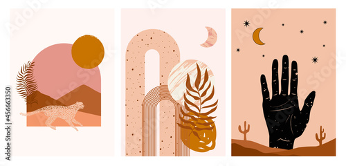 Collection of Modern Arts posters with abstract shape, animals, plants. Aesthetic Modern Art, Boho Decor, Minimalist Art. Editable Vector  contemporary poster illusration.