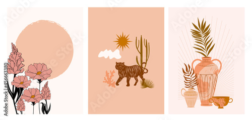 Collection of Modern Arts posters with abstract shape, animals, plants. Aesthetic Modern Art, Boho Decor, Minimalist Art. Editable Vector  contemporary poster illusration.