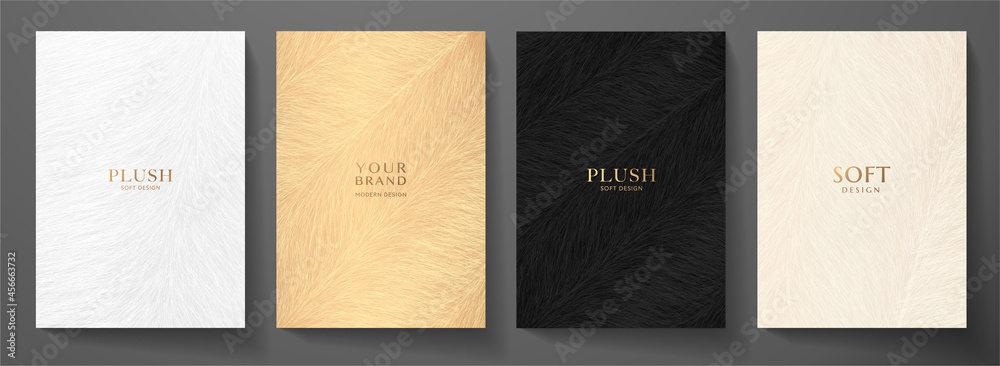 Abstract plush (fur) cover design set. Creative fashionable background with gold, black line pattern. Trendy vector collection for catalog, brochure template, magazine layout, beauty booklet - obrazy, fototapety, plakaty 