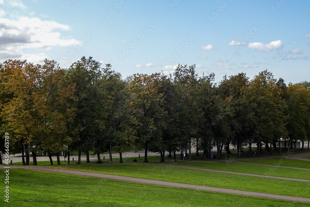 Green grass with yellow leaves on it. Started to become yellow foliage on the trees. Early autumn, fall. Blue sky. Tallinn, Lauluvaljak, Estonia. September 2021 Green grass with yellow leaves on it. Started to become yellow foliage on the trees. Early autumn, fall. Blue sky. Tallinn, Lauluvaljak, Estonia. September 2021