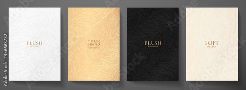 Abstract plush (fur) cover design set. Creative fashionable background with gold, black line pattern. Trendy vector collection for catalog, brochure template, magazine layout, beauty booklet
