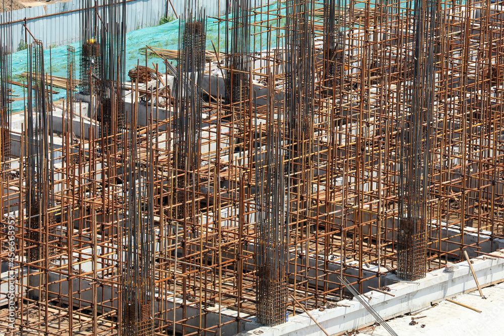 Steel grid on the construction site.