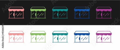 Set Shopping building or market store icon isolated on black and white backgr...