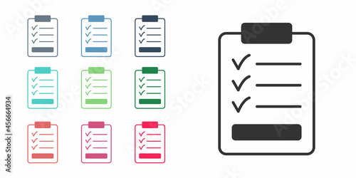 Black Clipboard with checklist icon isolated on white background. Control list symbol. Survey poll or questionnaire feedback form. Set icons colorful. Vector