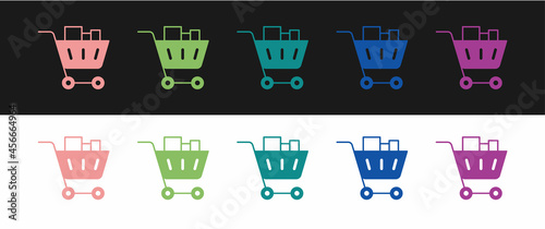 Set Shopping cart and food icon isolated on black and white background. Food store, supermarket. Vector