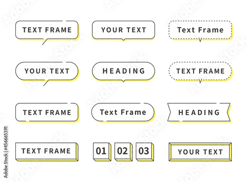 テキストフレーム、見出し背景、吹き出しのイラストセット（線画、黄色の影付版）