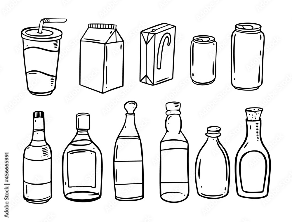 Drink package set. Line art doodle black color. Vector illustration. Drink package set. Line art doodle black color. Vector illustration.