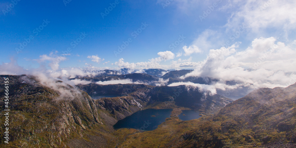 Mountain view in Rosendal Norway. Panorama of mountains and lake in Rosendalsalpene.